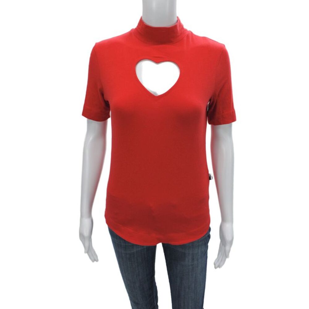 Love Moschino Womens Red Jersey T-Shirt High Neck Short Sleeve Cotton Size 6